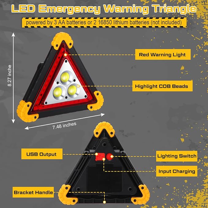 Huquary LED Emergency Warning Triangle, Rechargeable Portable Flashing LED Warning Triangle Light with 4 Modes, Safety Hazard Light for Car Truck RV Vehicle Roadside, Batteries Not Included(3 Pack)