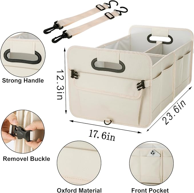 titiyiof Trunk Organizer For Suv & Sedan,Car Organizers and Storage, Waterproof Collapsible & Adjustable Straps,Sturdy Car Organization for Car Accessories, Tools,Food，Sundries,2-3 Compartment（Beige）