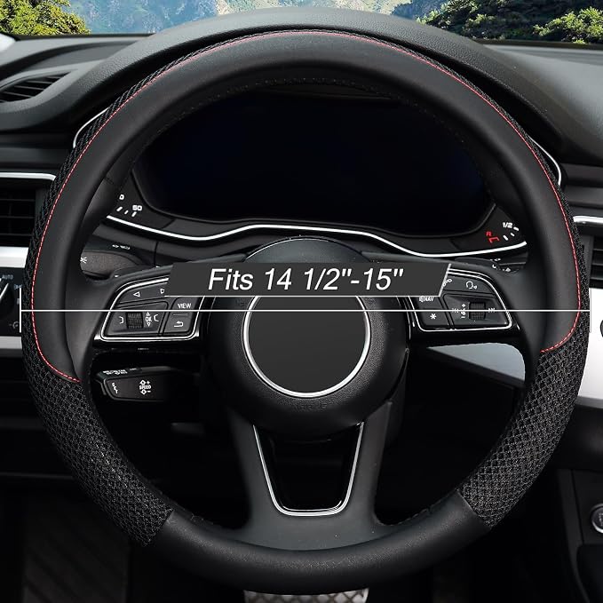 KAFEEK 15 inch Steering Wheel Cover, Cooling Ice Silk Mesh with Microfiber Leather, Ultra Breathable, Anti Slip Car Grip, Heat Resistant Summer Cool, Universal Fit, Black