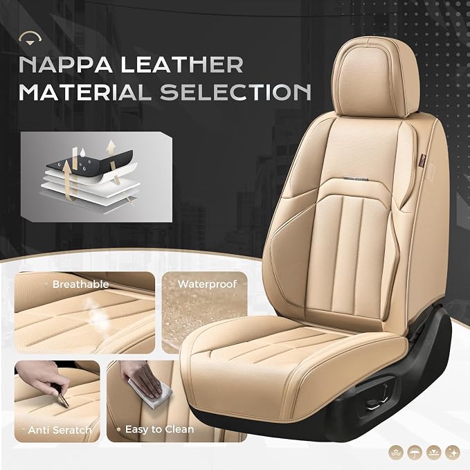 Coverado Car Seat Cover, Cover for Cars Full Seat, Premium Leather, Universal Fit Waterproof Seat Protectors, Car Seat Cushion Non-Slip for Most Cars-Beige