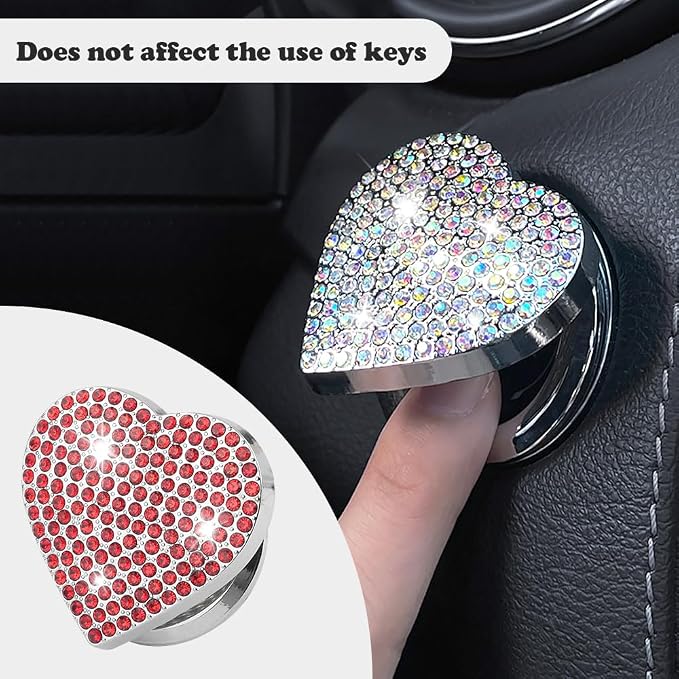 Bling Push Start Button Cover with Rhinestone,Heart Push to Start Button Cover for Car Decor,Diamond Engine Start Buttons Cover Car Accessories Interior for Women & Girl (Red)