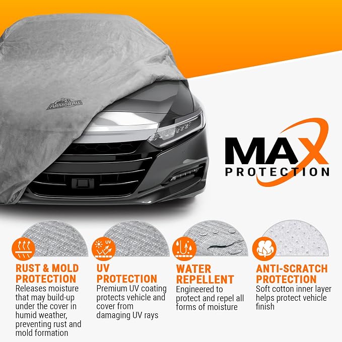 Armor All Car Cover Waterproof All Weather Heavy Duty for Sedan 158"-175" | Scratch-resistant soft lining, 6 secure straps, includes storage bag, works for Sun Rain Snow Hail Outdoor Indoor Protection