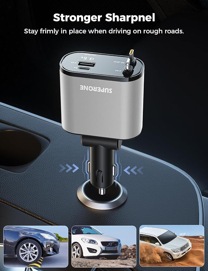 [Upgraded] SUPERONE Retractable Car Charger 4 in 1 Fast Car Phone Charger | USB C and Apple Multi Car Adapter with Cord 2.6ft, Compatible with iPhone 17 16 15/15 Pro Max/14/13/12/11, Galaxy, Pixel