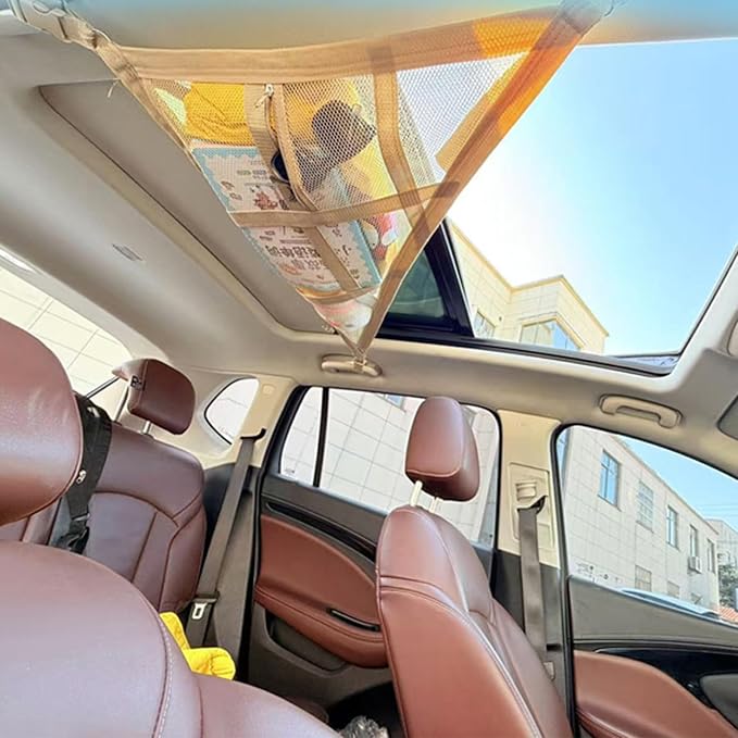 Overhead Mesh Organizer – Car Ceiling Cargo Net, Triangle Roof Storage Pocket | Travel Car Interior Mesh Luggage Net, Double-Layer Ceiling Storage Solution for Camping, Road Trips, Vacations