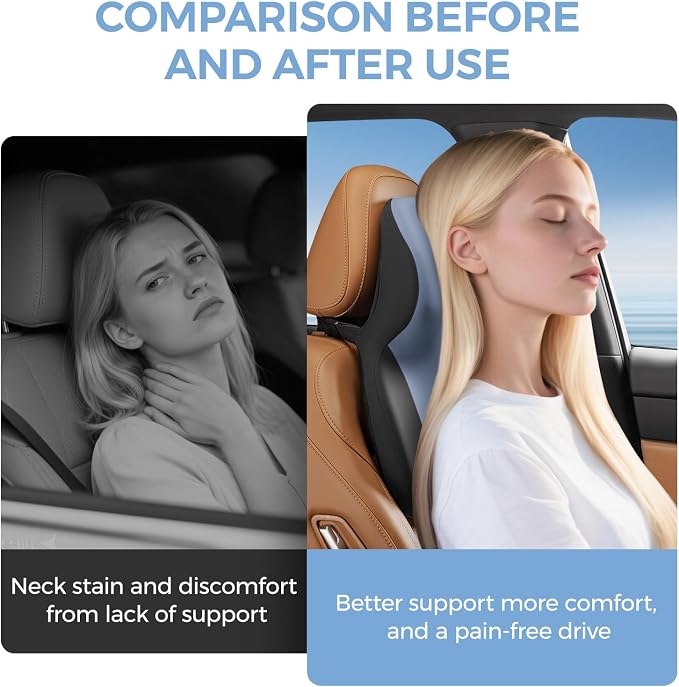 BEBAS Car Headrest Pillow, Ergonomic Neck Pillow with Memory Foam, Enlarged Surface for Head Neck Shoulder Support, Breathable Removeable Car Seat Pillow for Pain Relief(BlackBlue, 1 Pack)