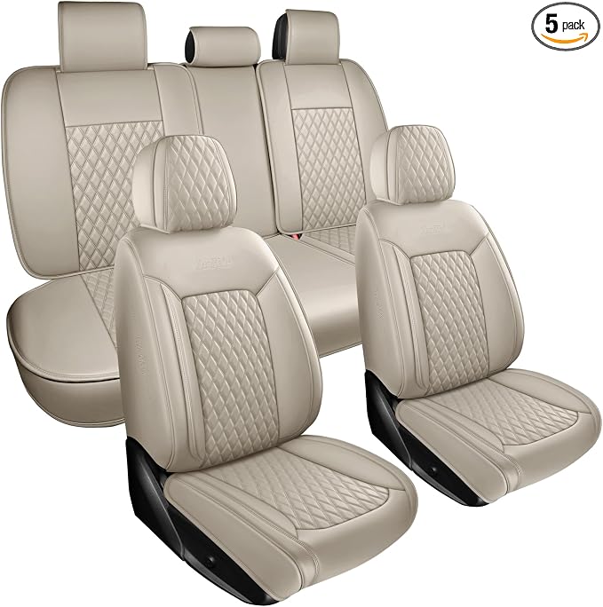 Beige High-Density Nappa Leather Automotive Car Seat Covers Full Set | Univerasal Precision Fit,3D Contoured,Full Coverage,Waterproof,ThickTexture Nappa Leather,for most Suvs Trucks Sedans