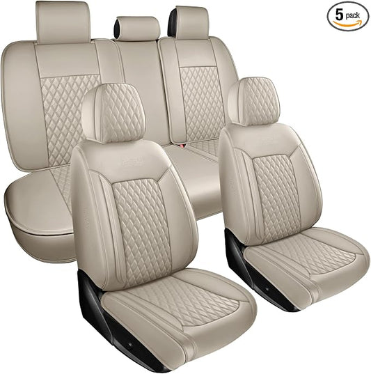 Beige High-Density Nappa Leather Automotive Car Seat Covers Full Set | Univerasal Precision Fit,3D Contoured,Full Coverage,Waterproof,ThickTexture Nappa Leather,for most Suvs Trucks Sedans