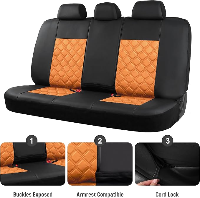 CAROMOP Luxury PU Leather Car Seat Covers Full Set-Waterproof Seat Protectors with Split Bench Seat Covers for Cars-Universal Cars Interior Covers for Sedans, SUVs, Pick-up Trucks(Orange Brown)