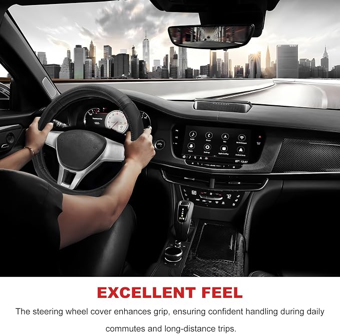 Sport Leather Steering Wheel Cover, 14.5-15 Inch Breathable Auto Steering Wheel Protector with Anti-Slip Lining, Soft Comfortable Leather Wheel Protector for Cars Trucks SUVs (Black)