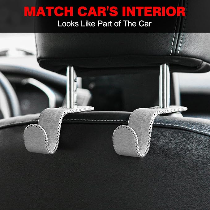 AMVOYOA Leather-Wrapped Car Headrest Hooks & Seat Back Organizer - 2 Pack U-Shaped Car Purse Holder for Bags, Coats, Handcrafted Stitching, Flexible Car Accessories for Women (Gray)