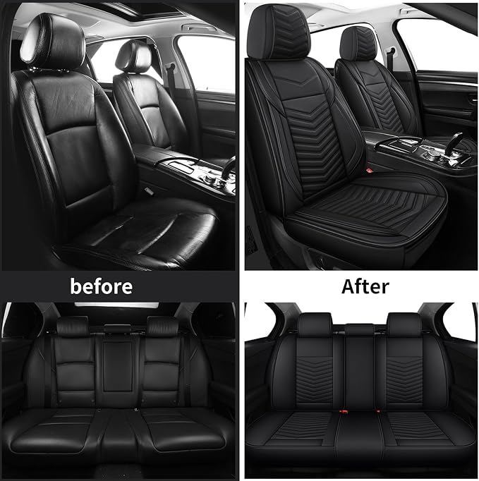 HChengkikz Nappa Leather Car Seat Covers Full Set, Black Car seat Protector 5 Seats, Waterproof Car Seat Cushion, Universal Automotive Seat Covers Fit for SUV Truck Pick-up Sedan, Front and Rear | Easy Maintenance, Airbag Compatible, Universal Fit For ...