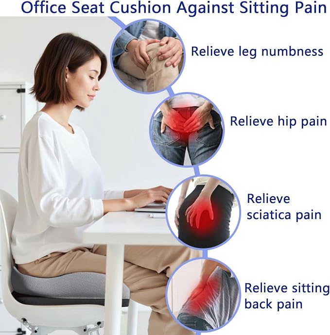 Memory Foam Ergonomic Seat Cushion for Office Chairs Pain Relief | Suitable for prolonged sitting, relieves tailbone pain, fits office chairs, wheelchairs, car seats and computer desk chairs