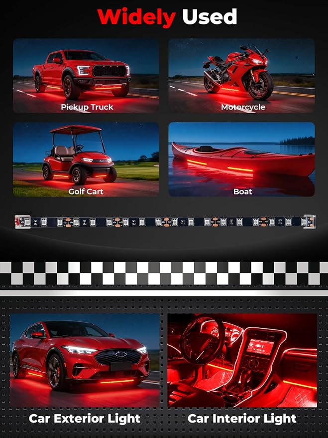 Car LED Strip Lights IP68 Waterproof Cuttable 12inch Red 4 Pcs | 12V Footwell & Underbody Lights, 18pcs 5050 SMD, interior & exterior light, fits SUVs, trucks, motorcycles, boats, golf carts