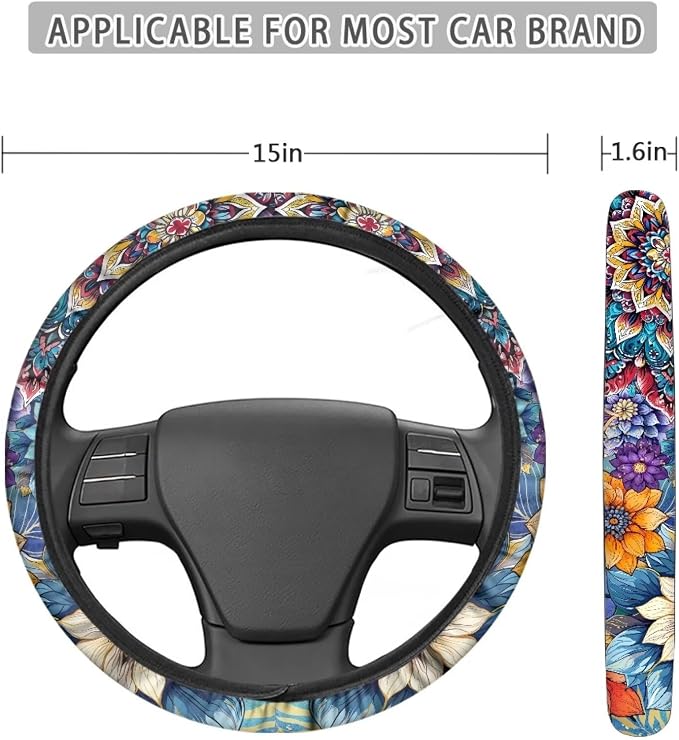 AFPANQZ Car Steering Wheel Covers for Womens Boho Flower Steering Wheel Cover Soft Anti-Slip Rubber Stretch-on Steering Wheel Protector Cover Sweat Auto Accessories Interior Decor