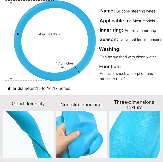 DXNQ Car Steering Wheel Cover, 13 to 14.17 inches Anti-Slip Silicone Steering Wheel Protector, Soft Flexible Shock-Absorbent Steering Wheel Protective Cover for Most Car Models (Blue)