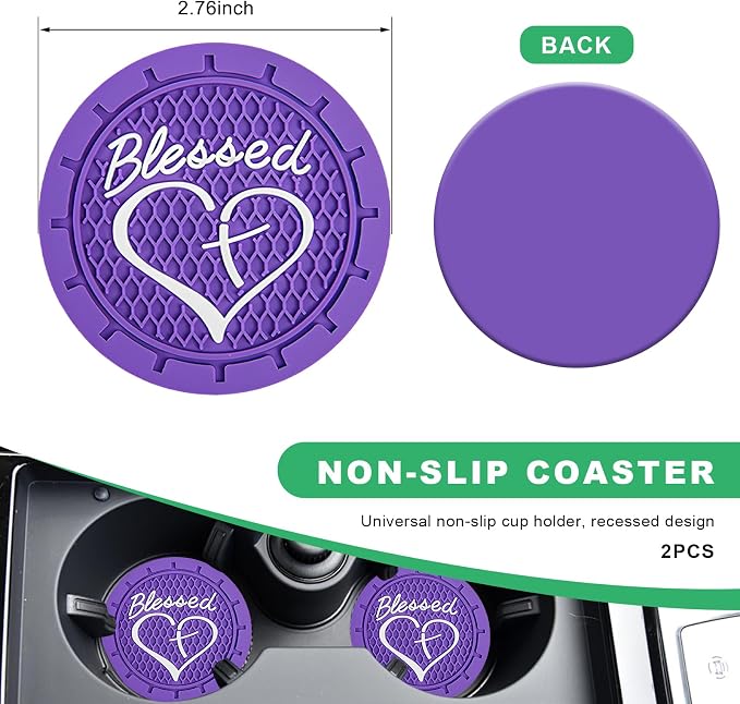 2 PCS Car Cup Holder Coaster, 2.76 Inch Non-Slip Auto Drink Mats with Blessed Cross and Heart, Shockproof Christian Cup Insert Coaster for Most Vehicles, Car Accessories (Dark Purple)