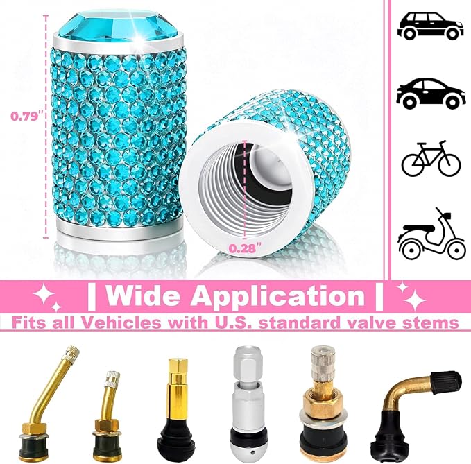 4Pcs Car Tire Valve Stem Caps, Bling Tire Air Cap for Car, Universal Stem Covers, Anodized Aluminum Tires Valve Cap with O Rubber Ring, Crystal Diamond Car Accessories for Women