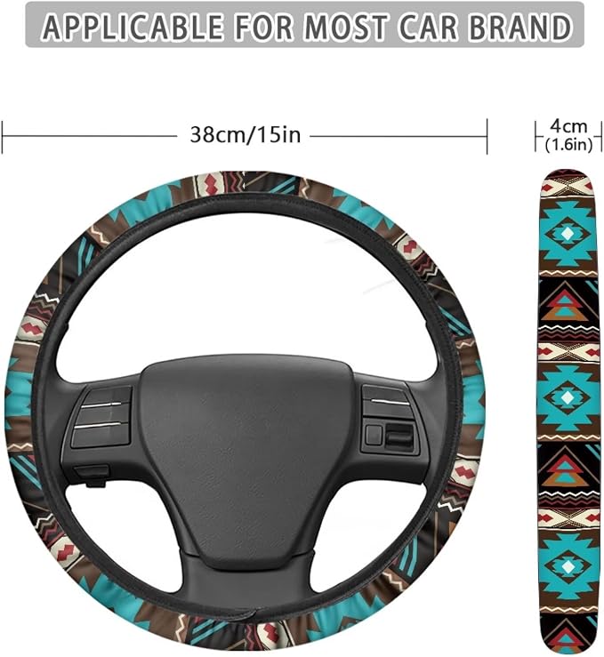 Wanyint Southwest Aztec Teal Brown Car Steering Wheel Cover Soft Stretch Auto Steering Wrap Protector for Women Men, Universal Auto Accessories Fit Most Vehicles