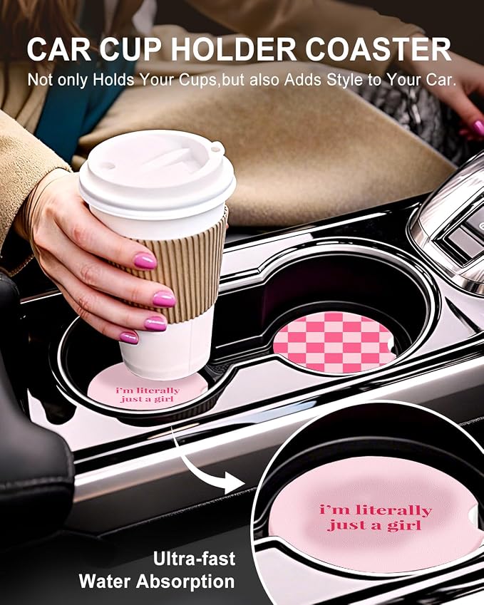 Swooflia Car Coasters for Women - Checkered Ceramic Car Cupholder Coaster Cool Absorbent Mat Coaster with Cork Base 2 Pack Automotive Cup Holder Accessories New Driver Gifts for Decor