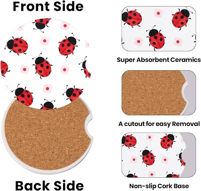 2 Pack Ladybug Car Coasters for Women Car Cup Holder Coasters, 2.63 Inch Anti Slip Ceramic Absorbent Coaster with Cork Base and Finger Notch, Funny Car Accessories Interior