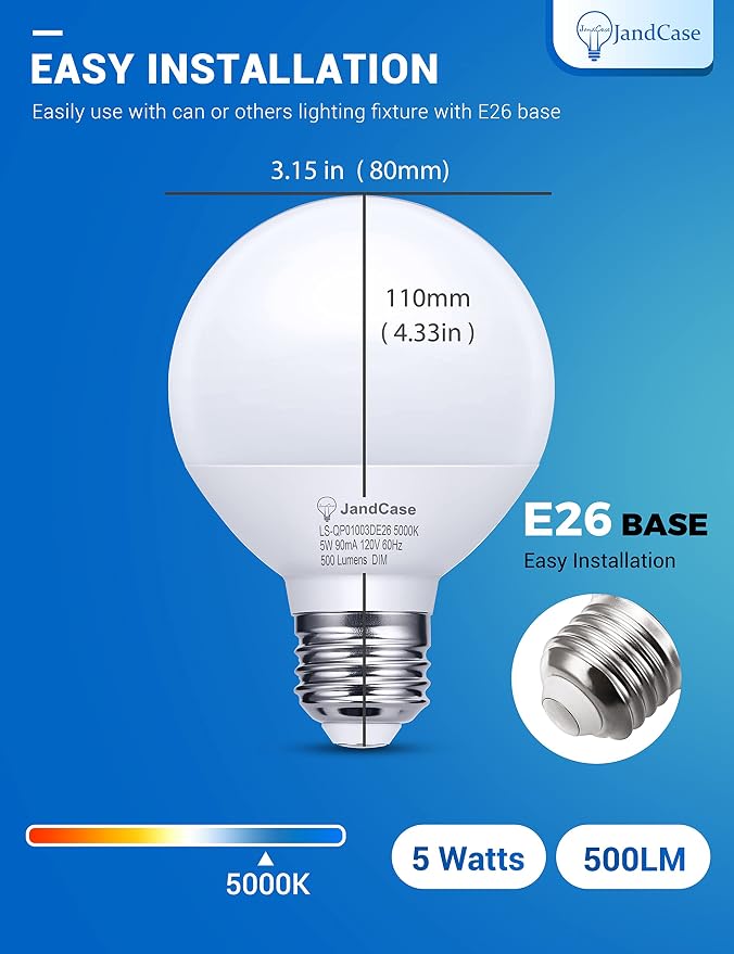JandCase G25 LED Vanity Light Bulbs,5W Dimmable Globe,60W Equivalent,5000K | E26 Base CRI 80, 500LM Daylight White, UL Listed, Round Light Bulbs for Bathroom Makeup Mirror Dressing Room Bedroom,12 Pack
