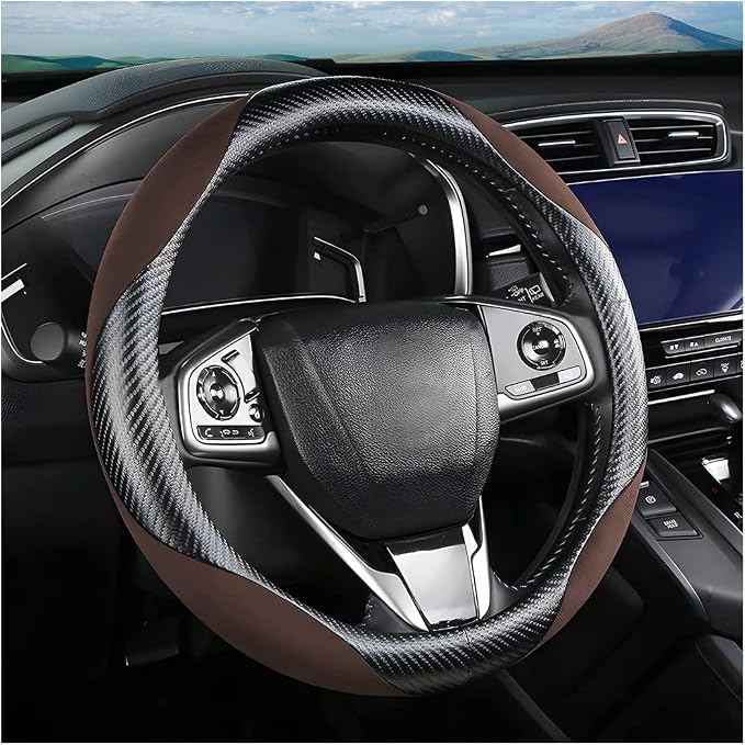 Steering Wheel Cover for Women and Men, Carbon Fiber Plush Steering Wheel Cover Soft Anti-Slip Comforting, Universal 15 Inches Steering Wheels Accessories (Carbon Fiber Black/Coffee)