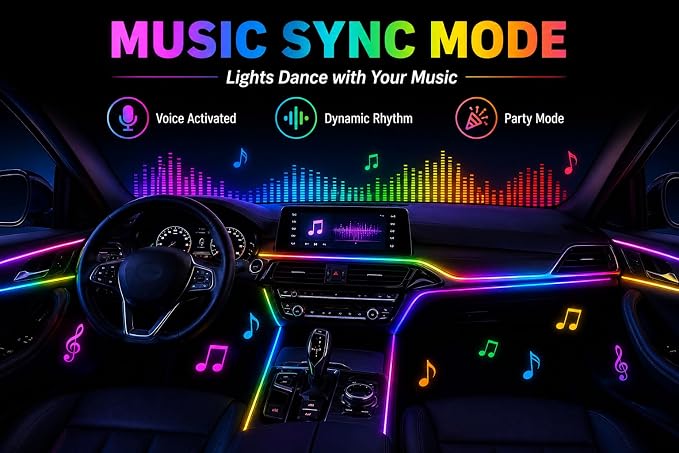 Car Interior Ambient Lighting Kit, Acrylic LED Strip Lights 43.3in 2 in 1, APP & Remote Control, RGB Music Sync Neon Light, USB Powered Flexible Car Lights for Dashboard, Door, Universal Fit