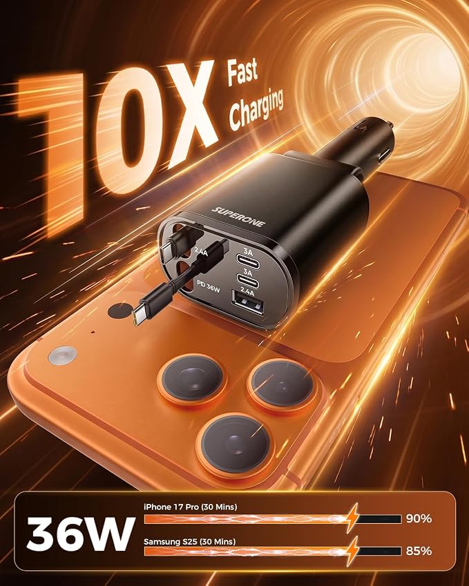 SUPERONE 5 in 1 Retractable Car Charge with Dual Type C Cables, 90W Fast Charging Car Charger, Ultra-Compact USB C Car Accessories Adapter for iPhone 17/16/15/14/13, Galaxy, iPad, Black