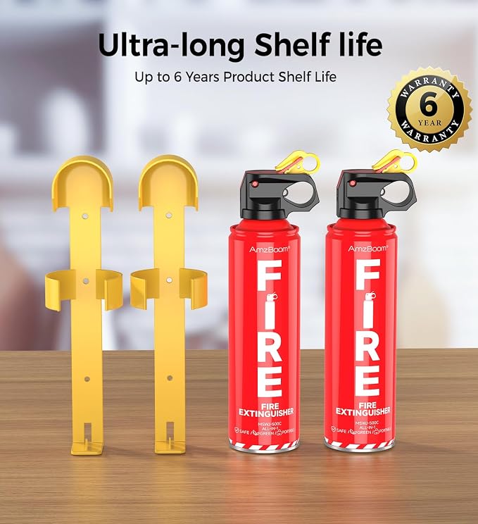 AmzBoom 2-Pack Fire Extinguisher Kit,Compact ABCK Spray for Home, Kitchen, Car, Grill | Eco-Friendly, Anti-Reignition | Mounting Bracket.