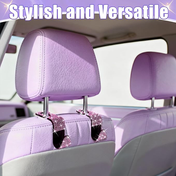BFXM 6 Pack Bling Car Seat Headrest Hooks, Rhinestone Purse Hook for Car, Universal Storage Organizer for Handbag Grocery Bags Coats, Bling Car Accessories for Women (Bling Pink)