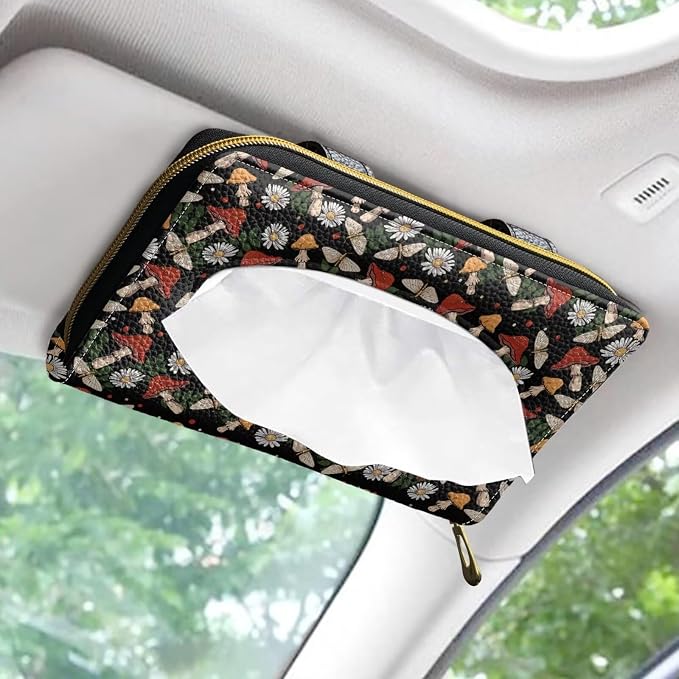 PU Leather Automotive Sun Visor Tissue Holder Mushroom Daisy Print Tissue Holder Tissue Box for Sun Visor & Back Seat Universal