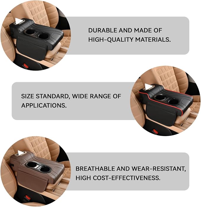 Car Armrest Cover, Embroidered Leather Car Armrest Cushion 4-in-1 Center Console Organizer with Dual Cup Holders, Tissue Box, 2 Side Storage Pockets & Card Slot, Universal for Most Cars(Coffee)