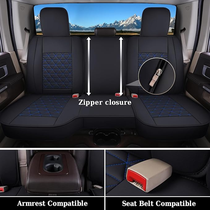 Coverado RAM Seat Cover Full Set, Leather Seat Covers Fit for Dodge RAM 1500, Truck Seat Covers Custom Fit for 2002-2026 Dodge RAM 1500 2500 3500 Crew Quad Cab with Curved Bench, Blue