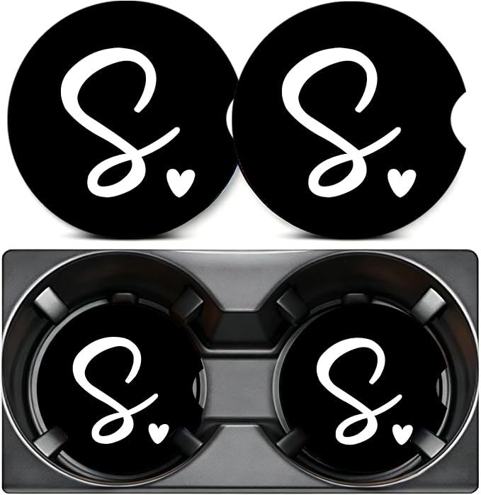 2PCS Letter S Car Cup Holder Coasters,Simple Initial Car Coasters Cars Accessories Interior Decor Universal Neoprene 2.75" Anti-Slip Rubber Mat with Finger Slot,Monogram Gifts for Women, Men, Driver