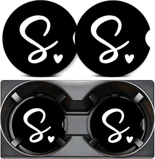 2PCS Letter S Car Cup Holder Coasters,Simple Initial Car Coasters Cars Accessories Interior Decor Universal Neoprene 2.75" Anti-Slip Rubber Mat with Finger Slot,Monogram Gifts for Women, Men, Driver