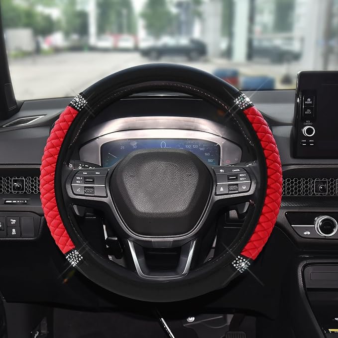 Bling Soft Leather Steering Wheel Cover, 15 Inch Colorful Rhinestones Auto Elastic Steering Wheel Protector for Women Girls, Car Accessories Anti Slip Steering Wheel Cover for Cars, SUVs (Red)