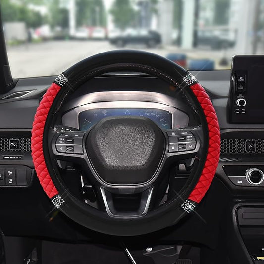 Bling Soft Leather Steering Wheel Cover, 15 Inch Colorful Rhinestones Auto Elastic Steering Wheel Protector for Women Girls, Car Accessories Anti Slip Steering Wheel Cover for Cars, SUVs (Red)