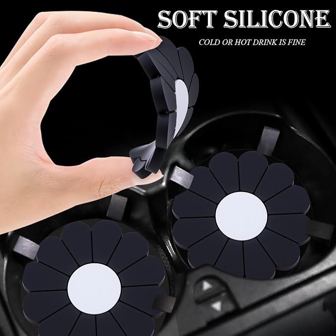 4-Pack Car Cup Holder Coaster Inserts, Daisy Shape, 2.75 Inch Non-Slip Silicone Cup Holder Insert, Universal Non-Slip Cup Holders, Car Accessories Interior for Women and Man (Black)