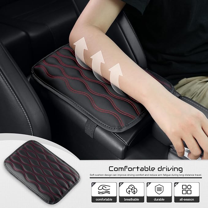 Amiss Car Center Console Cover, Upgraded Leather Car Armrest Cushion, Universal Waterproof Cushion Pad, Non-Slip Car Interior Accessories, Fits Most Sedans SUVs Trucks (Red Line)