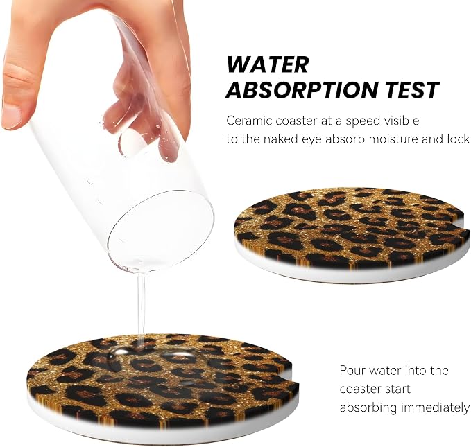 Leopard Print Shiny Car Cup Holder Coasters 2 Pack 2.63" for Women | Glittering Universal Anti Slip Ceramic Absorbent Coaster with Cork Base and Finger Notch Cute Car Accessories Interior