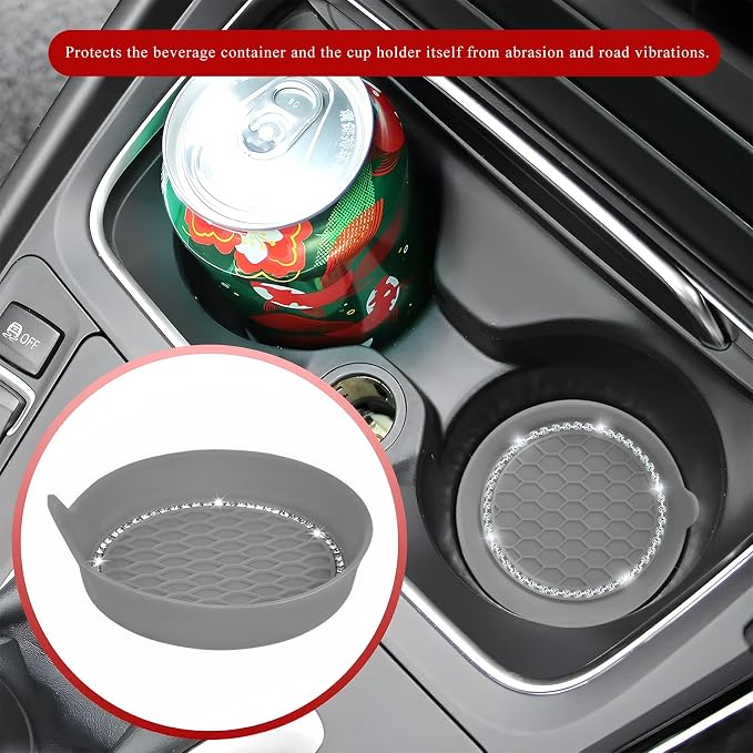 Sun Walker 4 PCS Bling Car Cup Holder Coaster, Non Slip Sparkly Rhinestone Cup Holder Pad Insert Coaster, Shockproof Silicone Shiny Embedded Drink Mat Interior Decor for Most Vehicles (Gray)