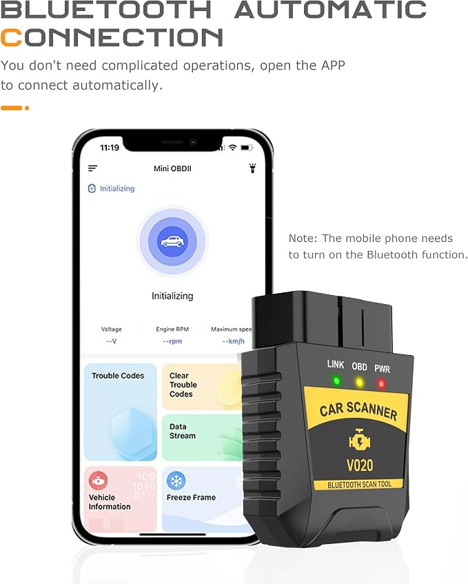 SCUARI Fixed Car Diagnostic Scanner,OBD2 Scanner Bluetooth,Car Accessories,Clear/Reset Vehicle Engine Error Code Reader Diagnostic Tool,Auto Diagnostic Scan Tool,Suitable for iPhone iOS Android