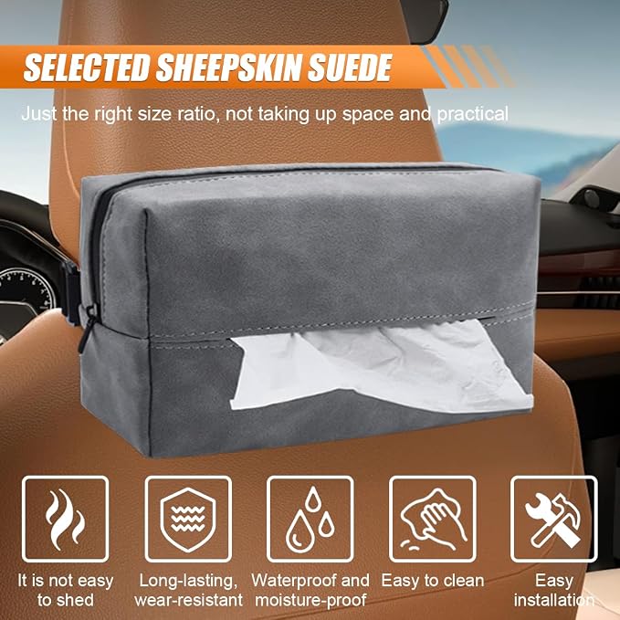 BDZMC Car Tissue Holder, Rectangular Tissues Box Cover, Back Seat Tissue Dispenser for Tissues, Car Napkin Holder with Elastic Band, Fits for Storage & Organizer (Grey)