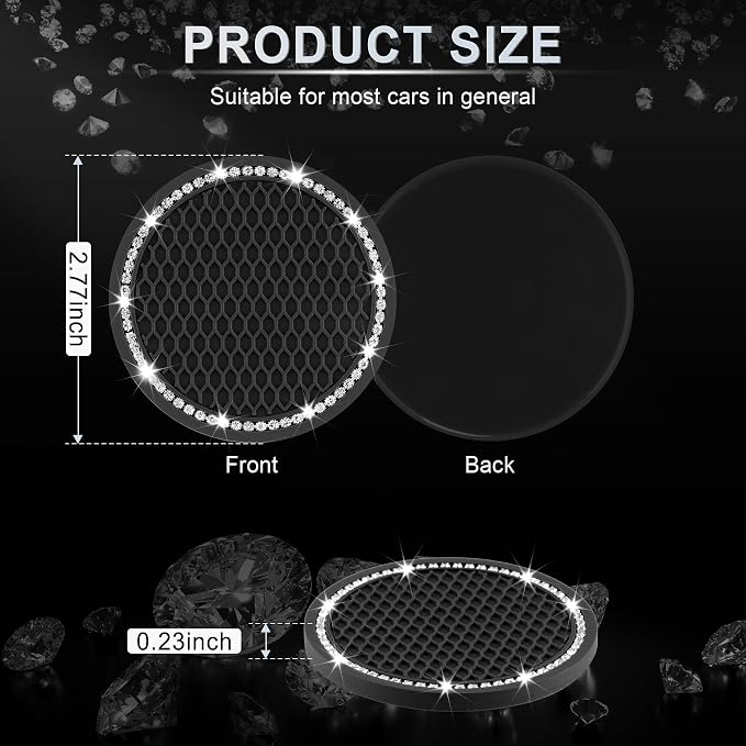 JUSTTOP Car Cup Holder Coaster, Insert 2 Pack Universal Auto Anti Slip, Bling Crystal Rhinestone Car Interior Accessories-Black