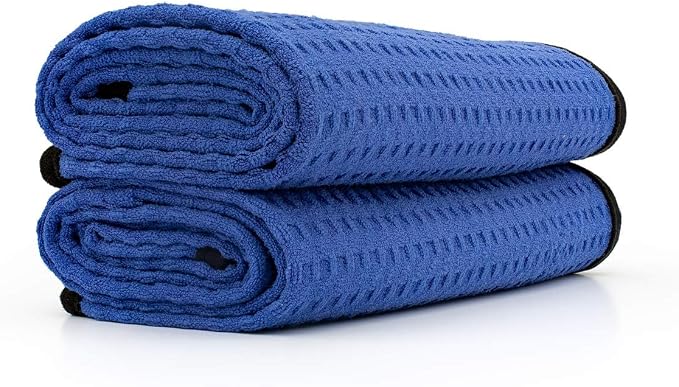 The Rag Company Dry Me A River, Professional Korean 70/30 Blend Microfiber Waffle-Weave Drying & Detailing Towels, Soft Suede Edges, 390 GSM, 20x40 Inches, Royal Blue, 2-Pack