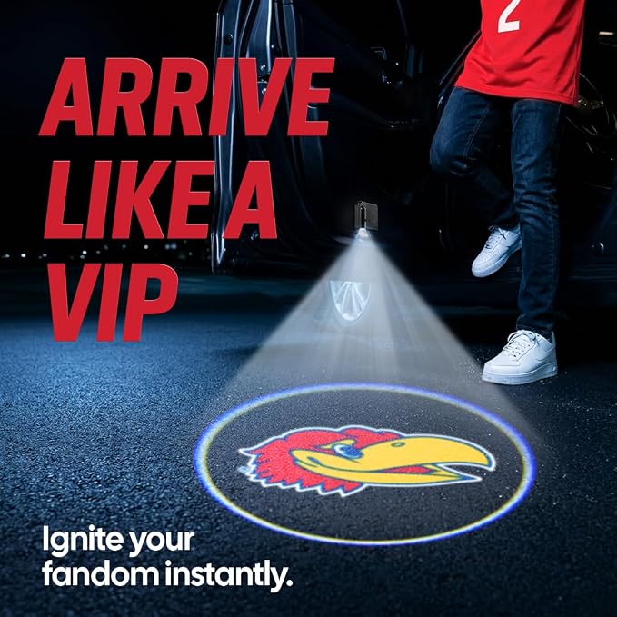 Sporticulture American Football Kansas Car Door Lights Logo Shadow Display - Officially Licensed NCAA Car Accessories - Show Your Team Pride - Battery Powered, Universal Fit