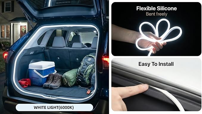 Car Trunk LED Strip Lights, 157.48" High Bright White Interior Light | Flexible Waterproof Silicone Trunk LED Strip, Cuttable with Pin Installation, Interior Ambient Light Kit for SUV & Sedan