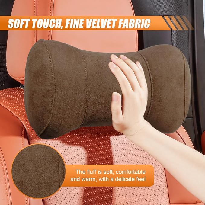 Car Headrest Pillow for Driving - Memory Foam Soft Automotive Neck Support Pillow Cushion with Adjustable Strap - Comfortable Car Seat Headrest Pillow for Neck Pain Pressure Relief (Brown)