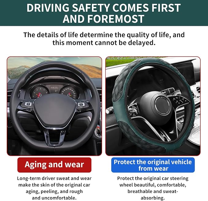 15 Inch Leather Steering Wheel Cover, Automotive Accessories Breathable Anti-Slip Elastic Soft Wheel Protector, Fit for Most SUVs Trucks and RVs (Dark Green)