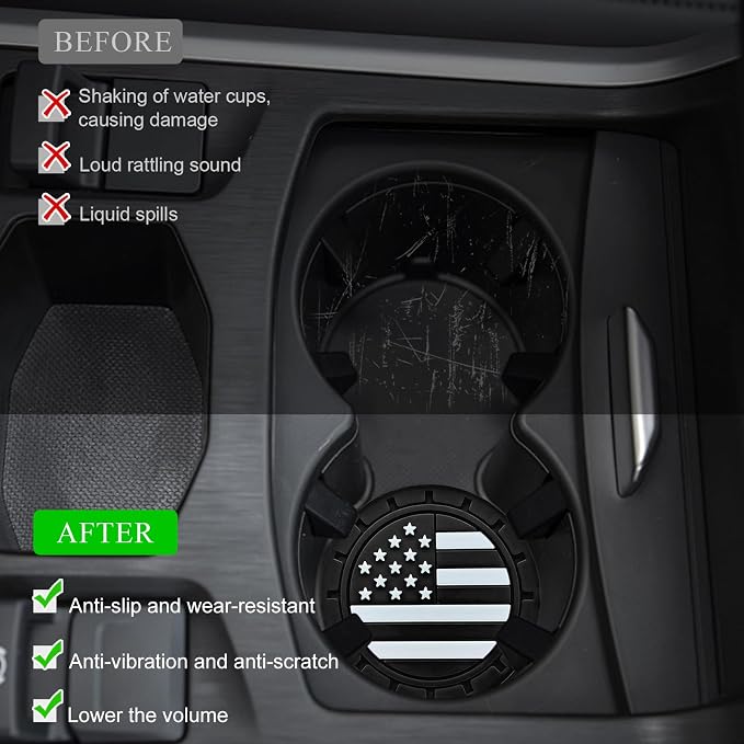 4 PCS Car Cup Holder Coasters, 2.75 Inch Universal Non-Slip American Flag Insert Coaster for Auto Cup Holders, Shockproof Car Drink Mat for Men Women, Vehicle Interior Decor (Black)